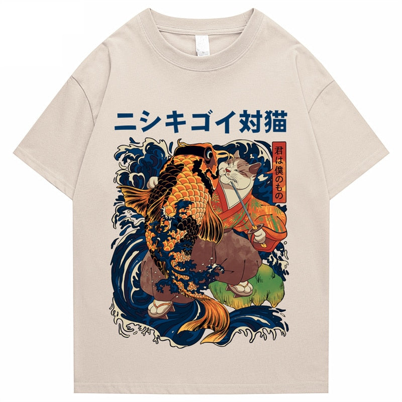 [INSKR] Fisherman Cat and The Koi T-Shirt by Insakura